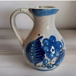 Vintage Tonala Mexico Pitcher Gray And Blue Pottery Flowers Bird Butterfly 6"